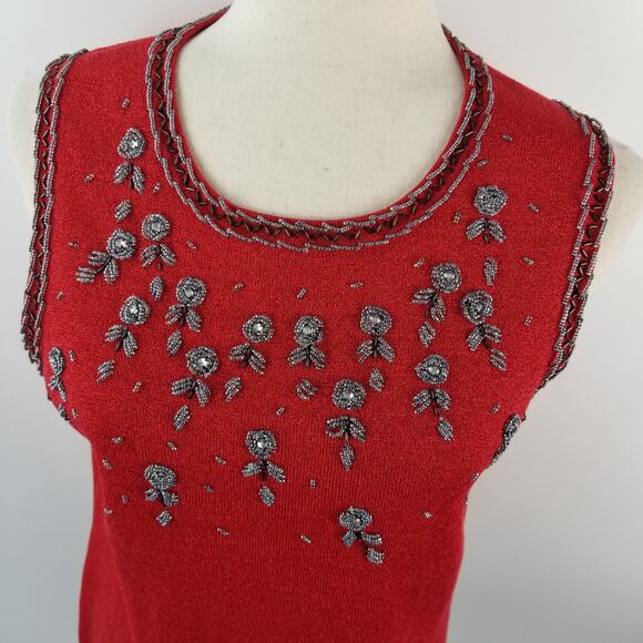 Essentials Red Sleeveless Silk Blend Embellished Rhinestones Beads Top EUC LG - Picture 2 of 9